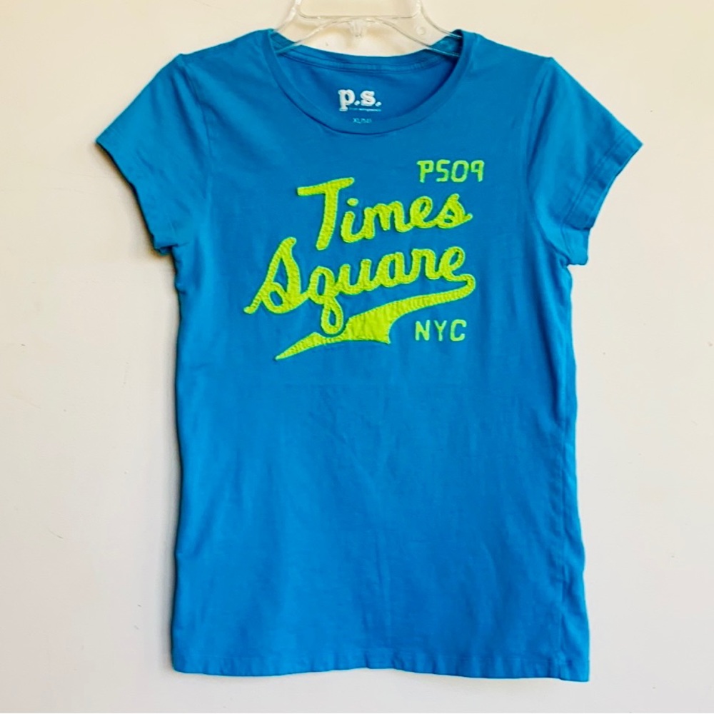 P.S. by Aeropostale Girls XL 14 Teal w/Lime Embroidered Times Square NYC Tee